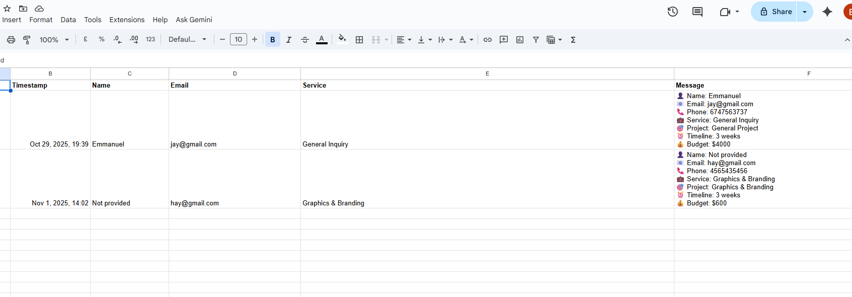 Google Sheets logging leads in real time