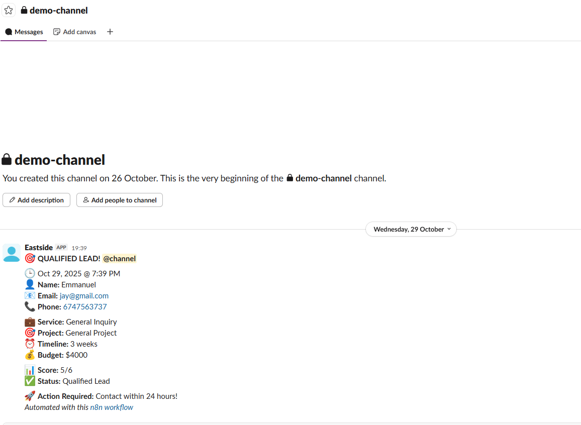 Slack notification with the qualified lead details